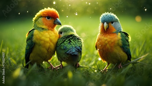 pair of parrots with babies on green grass, birds. Animals photo
