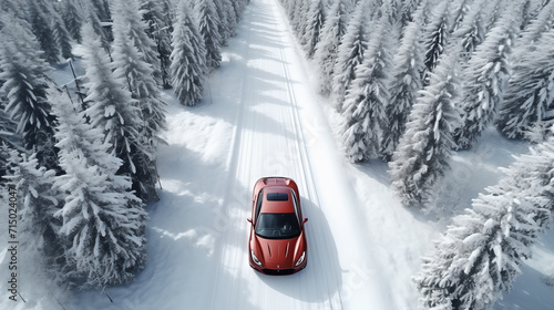 Modern red sports car driving on the snowy road through the spruce forest on a cold winter day. Winter holidays, Christmas, New Year theme. Rural landscape, top view, from above. © Studio Light & Shade
