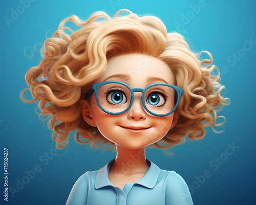 Happy little curly blonde girl isolated on blue background