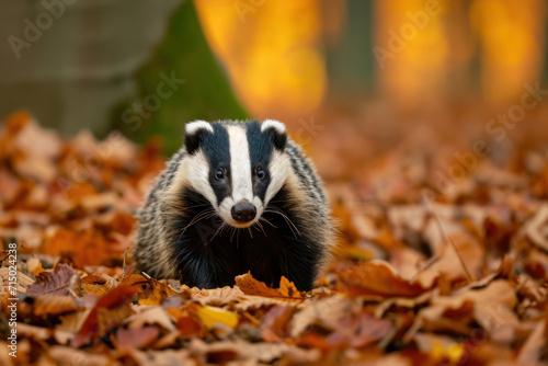 Badger in forest, animal nature habitat, Germany. Wildlife scene. Wild Badger, Meles meles, animal in wood. European badger, autumn, Europe