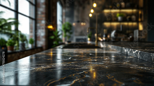 Empty marble countertop with bokeh lights on blurred kitchen background