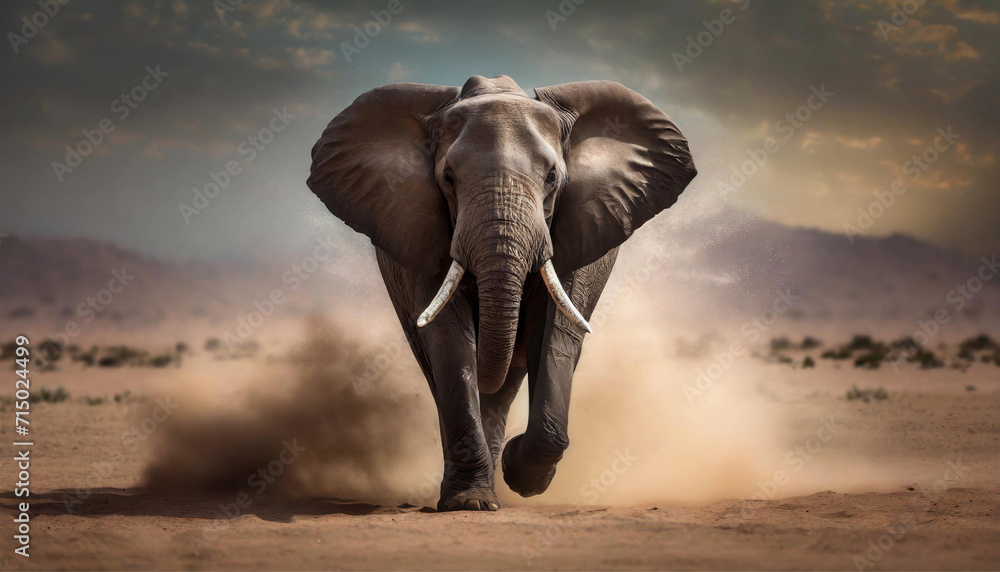 Amazing elephant with dust and sand on desert 