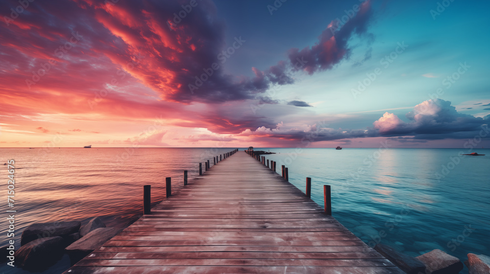 Fototapeta premium wooden dock pier on the water at sunset, sea summer background with beautiful landscape