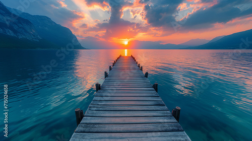 wooden dock pier on the water at sunset, sea summer background with beautiful landscape © Katrin_Primak