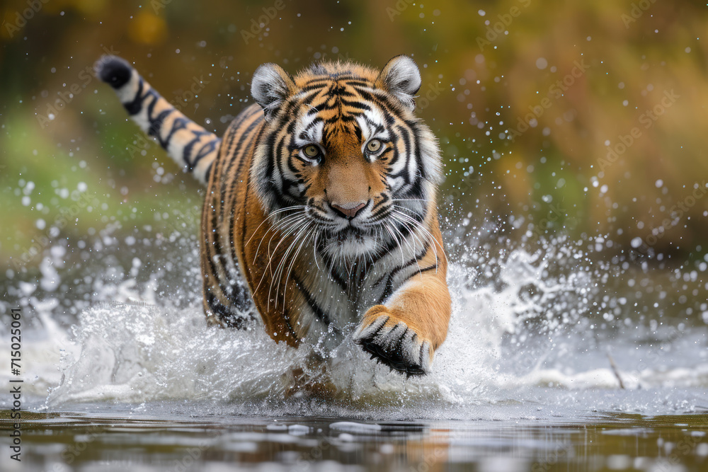 Siberian Tiger running through water 