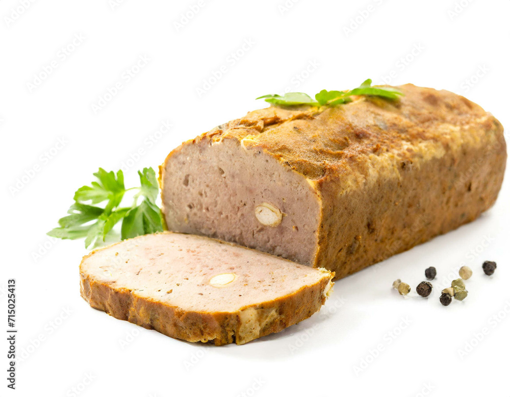 Hackbraten schön angerichtet isoliert auf weißen Hintergrund, Freisteller Hackbraten schön angerichtet isoliert auf weißen Hintergrund, Freisteller