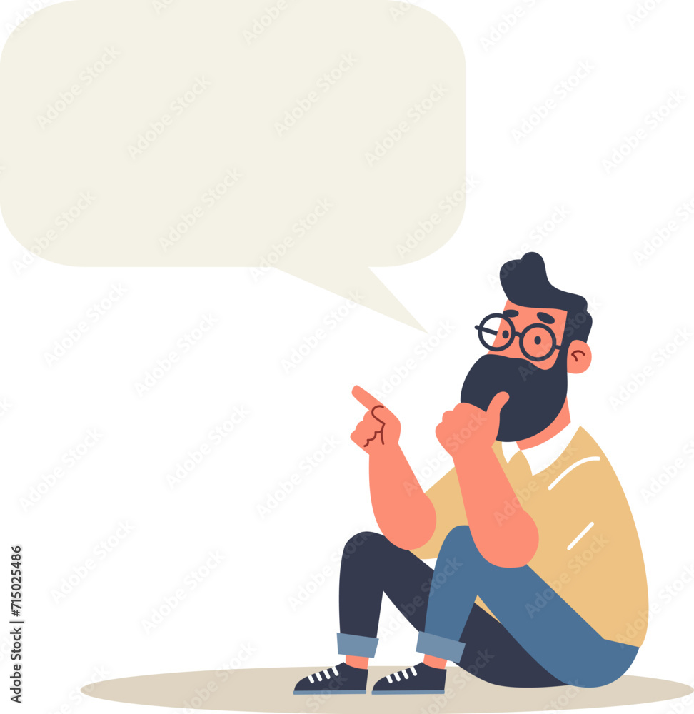 Flat vector illustration. A man is sitting in a pensive pose and says something. Speech bubble for your text . Vector illustration