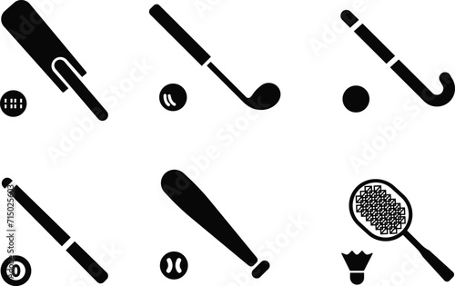 Sport icon in flat style set. isolated on transparent background. Tennis rackets, Baseball bats, Lacrosse sticks, Hockey cues, Cricket bats. Sport icons for logo, label, poster. Vector for apps, web photo
