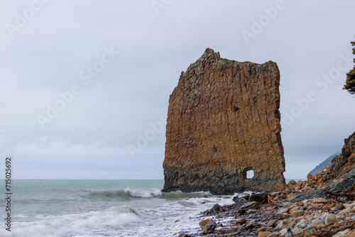 View of Sail Rock (Parus Rock) on cloudy day. Located near the city of Gelendzhik in the village of Praskoveevka in black sea photo