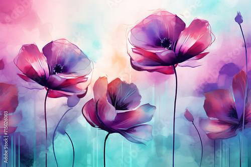 Fototapeta Naklejka Na Ścianę i Meble -  Flower whimsical watercolor painting wallpaper - turquoise pink purple floral oil painting artwork - colorful modern hand painted landscape luxury canvas art