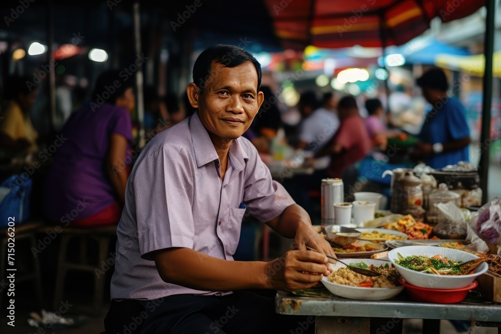 Positive Asian man sitting at a table in an outdoor dining area surrounded by other people Positive Asian man sitting at a table in an outdoor dining area surrounded by other people