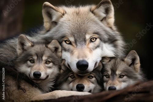 grey mother wolf with her young ones  cozy cuddles together in her lair. animal family  motherhood in animals.