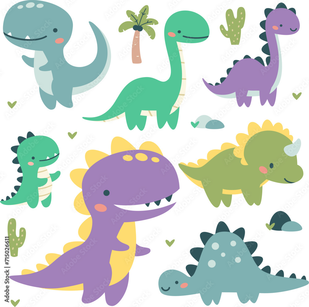 Obraz premium Set of flat vector illustrations in children's style. Cute kind dinosaurs, palm trees and cacti. . Vector illustration