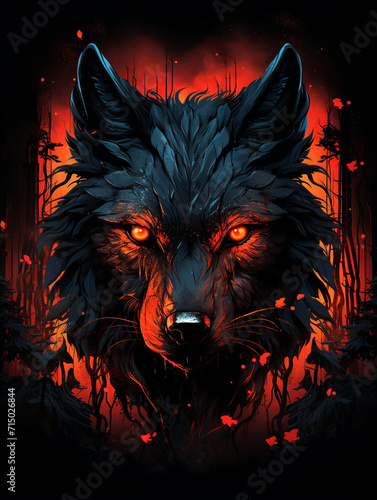 T-shirt design, a black wolf with piercing red eyes set against the mysterious backdrop of a dark forest created with Generative Ai
