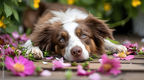 Relaxing Brown and White Dog Lying Among Pink Flowers on Wooden Deck
