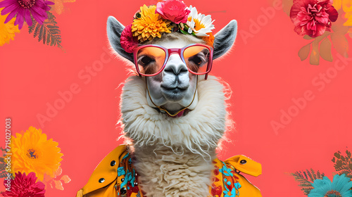 Hip Llama with Sunglasses and Floral Headband on Coral Background