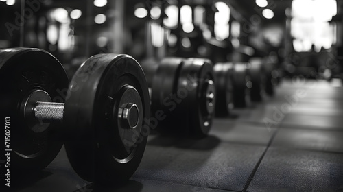 Black and White Image of Dumbbells Lined up in a Gym