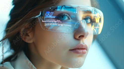 fresh face of a beautiful woman wearing smart glasses, show digital information on smart glasses.