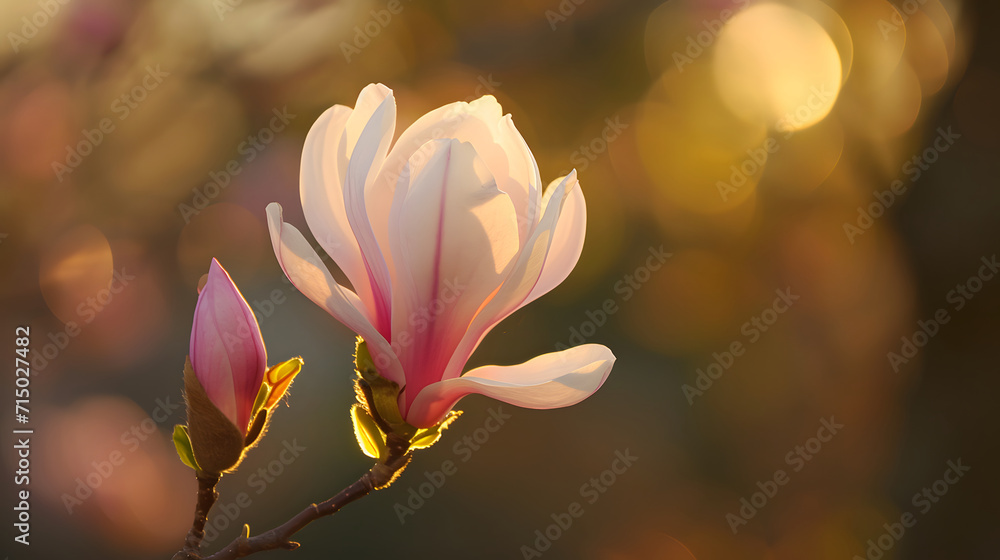 Fototapeta premium Pink Magnolia Flowers in Soft Light with Bokeh Background
