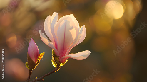 Pink Magnolia Flowers in Soft Light with Bokeh Background