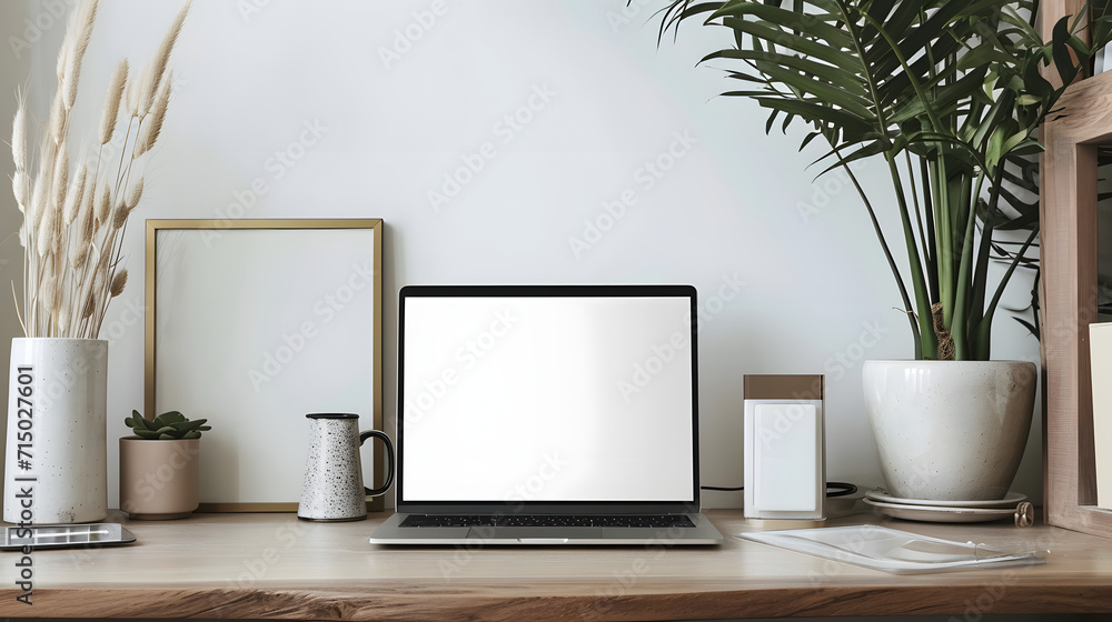 Modern Home Office Desk with Laptop and Decorations