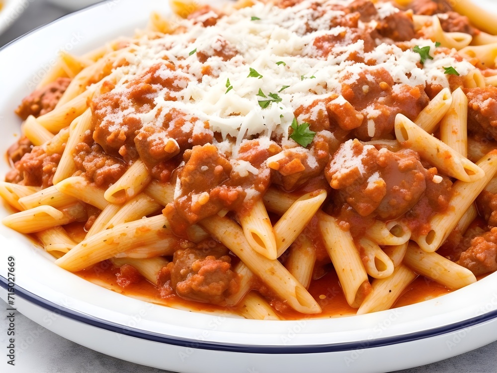 Savory penne embraced by a hearty meat sauce Savory penne embraced by a hearty meat sauce