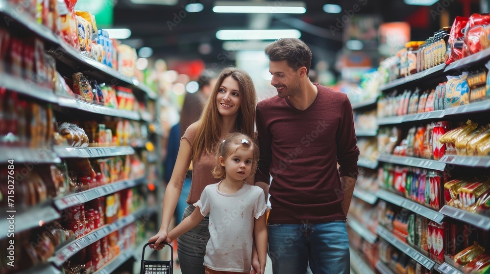 Happy parents with small daughter shopping in supermarket. 