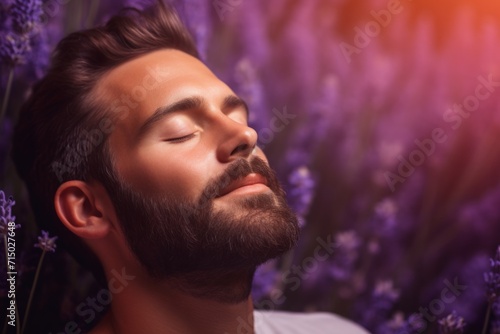 A handsome man with his eyes closed on a lavender background. Portrait of a sleeping male person. Health and well-being, hypnosis and the study of the inner world.