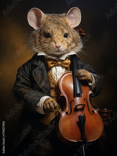 T-shirt design, A charming mouse in a tuxedo, playing the cello with utmost seriousness, depicted in a color pencil sketch style enhanced with shading created with Generative Ai
