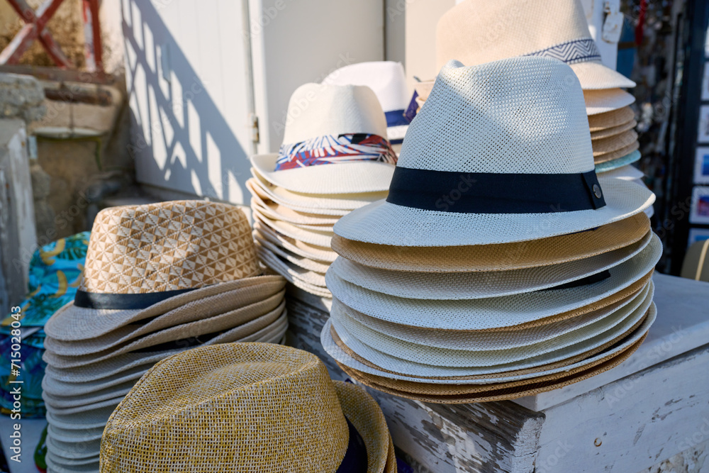 Traditional hats for sale in Oia, Santorini Island. Santorini, Greece, Europe
