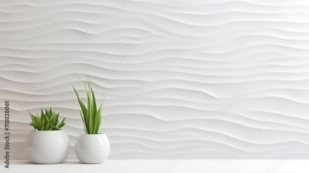 abstract background of a wall covered with white decorative plaster and green plants in white pots abstract background of a wall covered with white decorative plaster and green plants in white pots