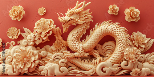 A 3D golden dragon intertwined with flourishing peonies, all carved in a traditional Chinese style against a red backdrop