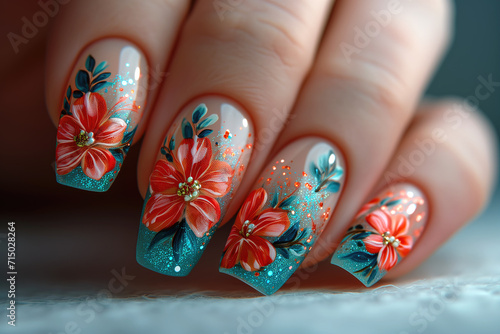 Nail design on shiny nail polish with flowers, fashionable multi colored art manicure photo