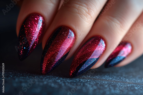 Nail design on shiny nail polish, fashionable red and black manicure photo