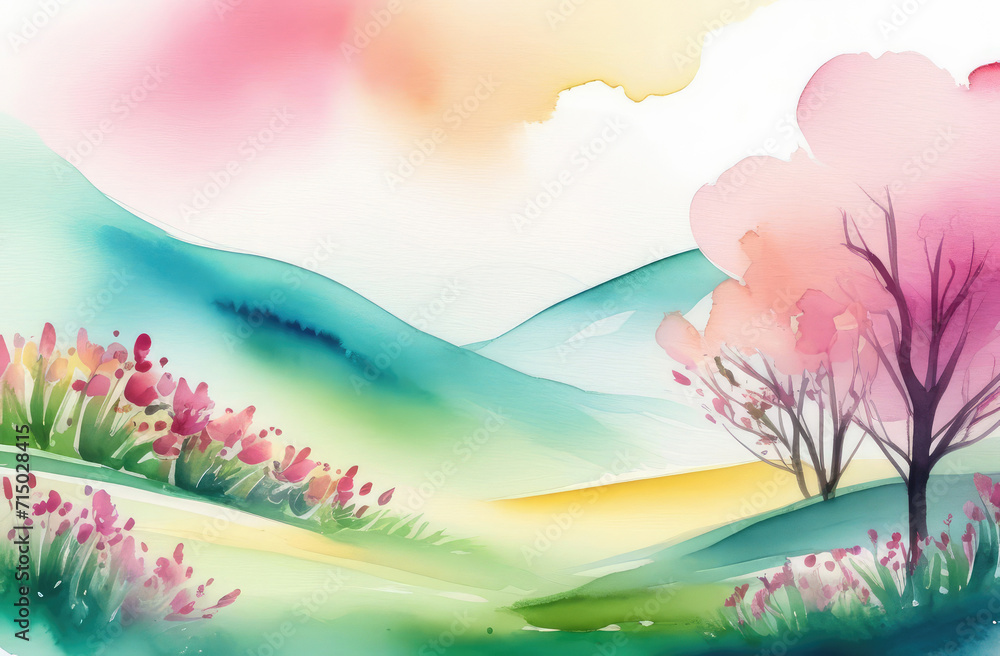 spring landscape of green field with tree and tulips, hills in background, watercolor illustration.