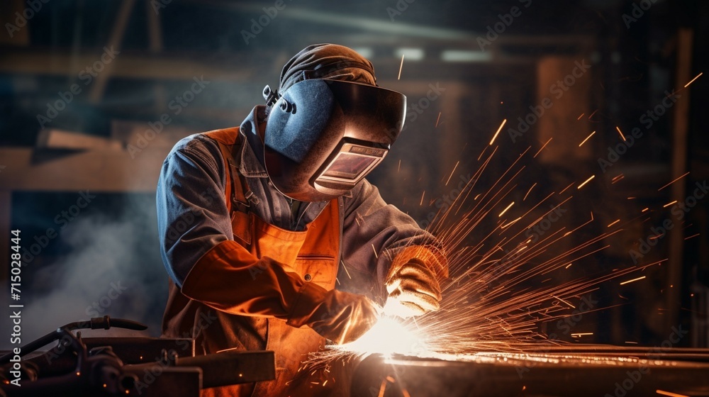 A male welder working at the factory. A man in a protective mask working in production. Factory worker. Industrial production. Metallurgy A male welder working at the factory. A man in a protective mask working in production. Factory worker. Industrial production. Metallurgy