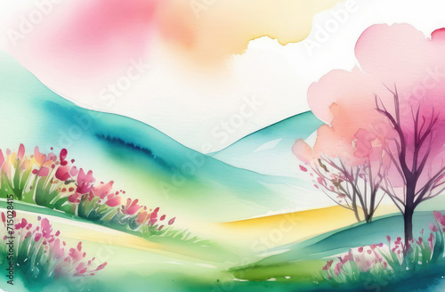 spring landscape of green field with tree and tulips, hills in background, watercolor illustration.