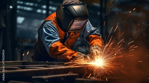 Welder at work. A male welder working at the factory. A man in a protective mask working in production. Factory worker. Industrial production. Metallurgy