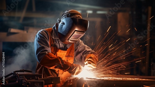A male welder working at the factory. A man in a protective mask working in production. Factory worker. Industrial production. Metallurgy