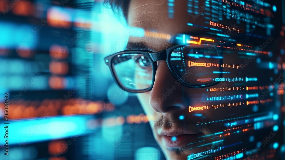 Programming coding and man with focus, hologram and trading with cyber ...