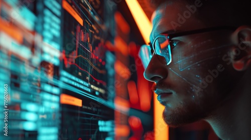 Programming coding and man with focus, hologram and trading with cyber security, futuristic and research. Male person, investor and employee with data analysis, server or investment with website info  photo