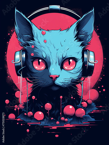 T-shirt design, a blue cat with an apple on its head, channeling the vibes of kawaiipunk created with Generative Ai photo