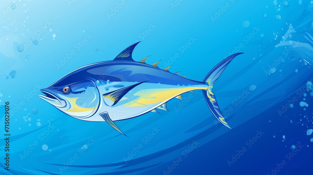 Fototapeta premium copy space, flat vector illustration, World tuna day, color illustration with the image of fish on waves in the water. Illustration for awareness of overfishing tuna and tuna-like species.