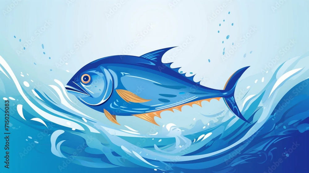 Obraz premium copy space, flat vector illustration, World tuna day, color illustration with the image of fish on waves in the water. Illustration for awareness of overfishing tuna and tuna-like species.