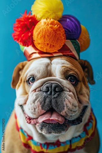Bulldog in clown wig on blue background. April Fools' Day celebration. © Евгений Федоров