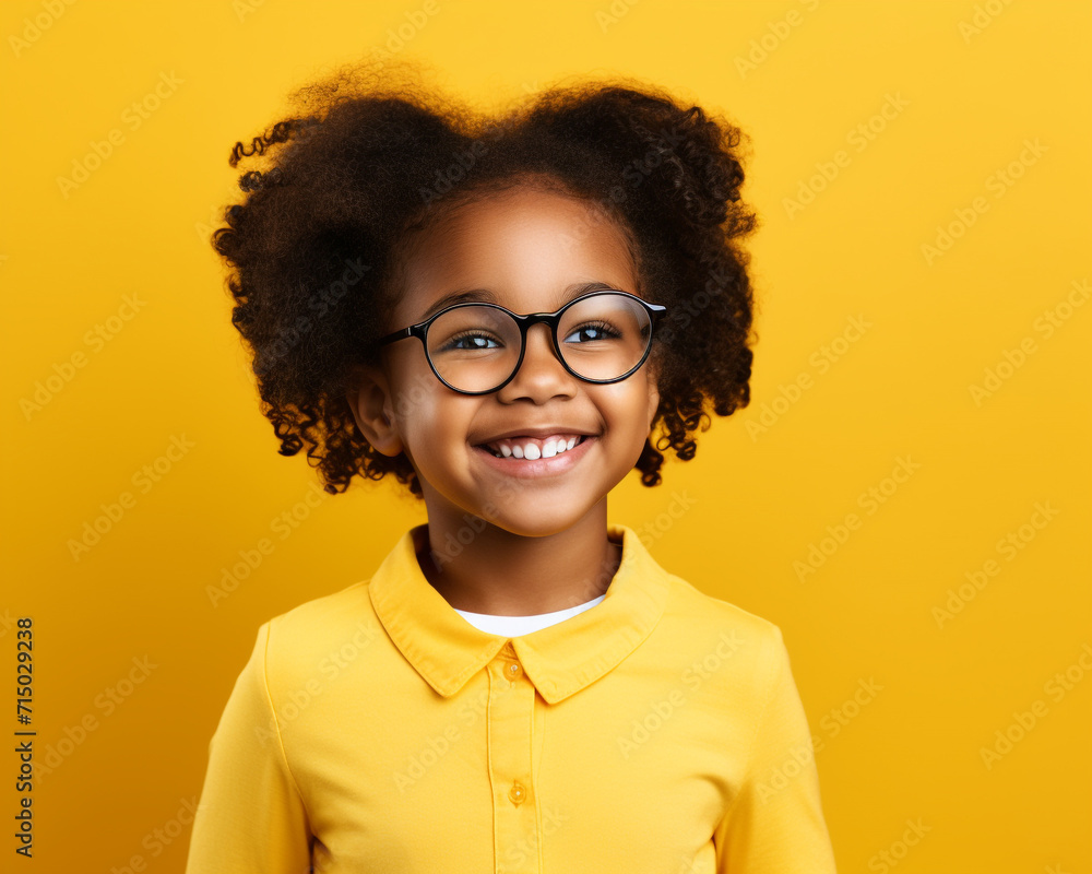 Happy little african girl isolated on solid yellow background