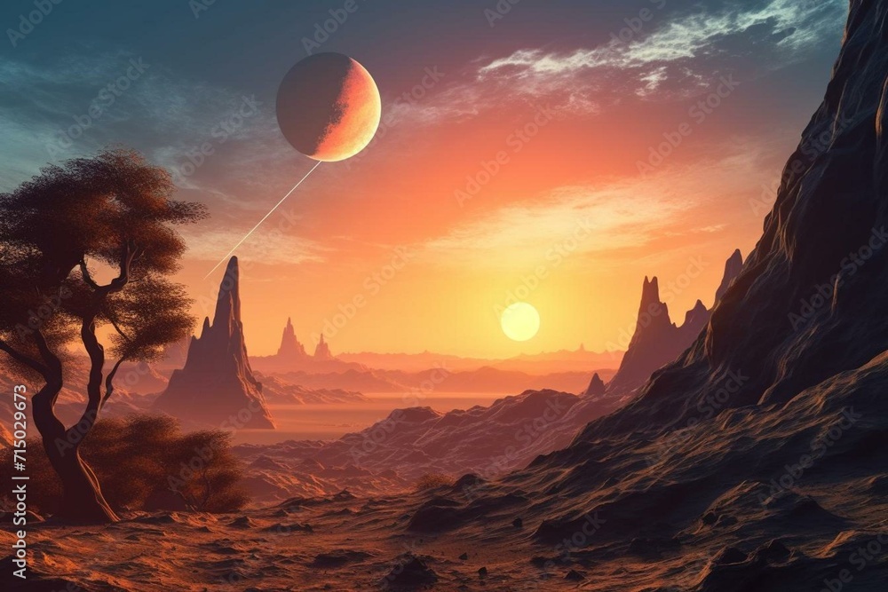 A distant planet with extraterrestrial features and a celestial backdrop. Generative AI