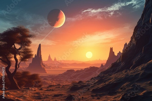 A distant planet with extraterrestrial features and a celestial backdrop. Generative AI