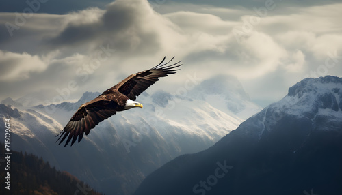 An eagle flying over a mountain range with a background of sky and clouds in the background