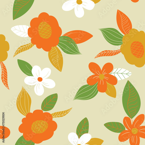 Seamless floral pattern based on traditional folk art ornaments. Art flowers on color background. Scandinavian style. Sweden nordic style. Vector illustration. Simple minimalistic pattern